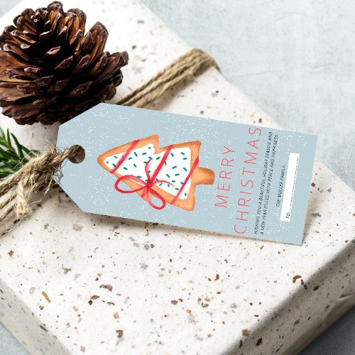 Modern cute ginger bread Christmas tree blue snow Gift Tags