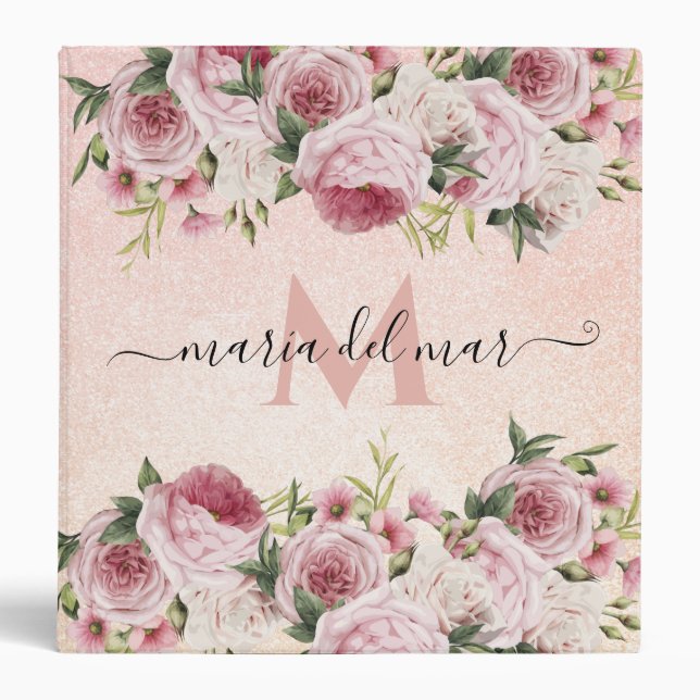 Modern cute girly Pink Glitter Rose Gold floral 3 Ring Binder (Front)