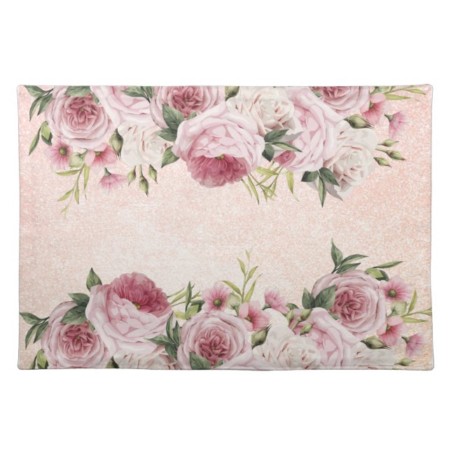 Modern cute girly Pink Glitter Rose Gold floral Cloth Placemat (Front)
