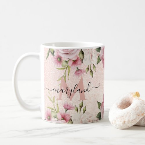Modern cute girly Pink Glitter Rose Gold floral Coffee Mug