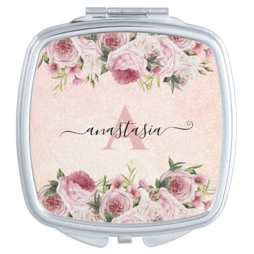 Modern cute girly Pink Glitter Rose Gold floral Compact Mirror