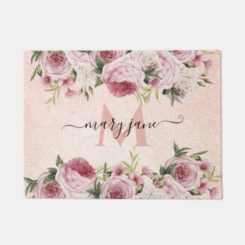 Modern cute girly Pink Glitter Rose Gold floral Doormat