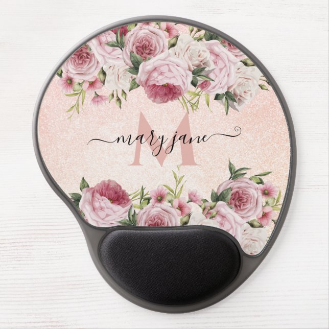 Modern cute girly Pink Glitter Rose Gold floral Gel Mouse Pad (Front)