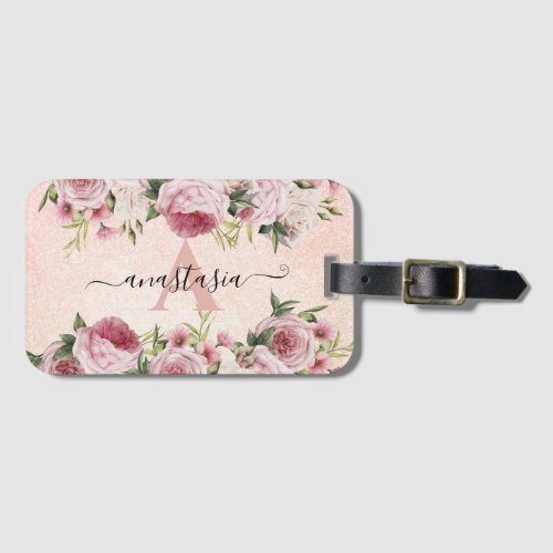 Modern cute girly Pink Glitter Rose Gold floral Luggage Tag