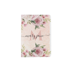 Modern cute girly Pink Glitter Rose Gold floral Passport Holder