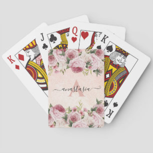 Modern cute girly Pink Glitter Rose Gold floral Poker Cards