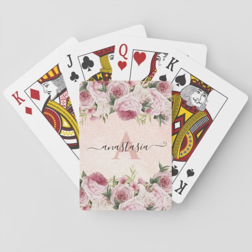 Modern cute girly Pink Glitter Rose Gold floral Poker Cards