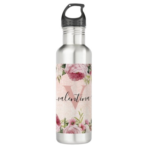 Modern cute girly Pink Glitter Rose Gold floral Stainless Steel Water Bottle