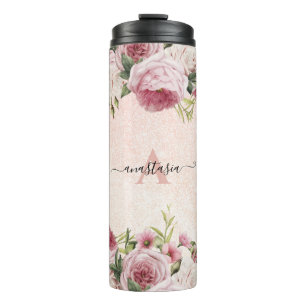 Modern cute girly Pink Glitter Rose Gold floral Thermal Tumbler