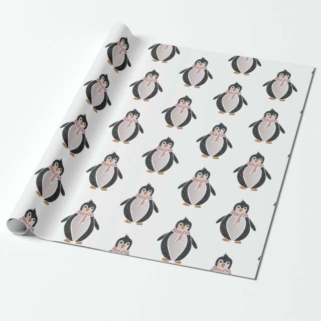 Modern Cute Glitter Penguin Wrapping Paper (Unrolled)