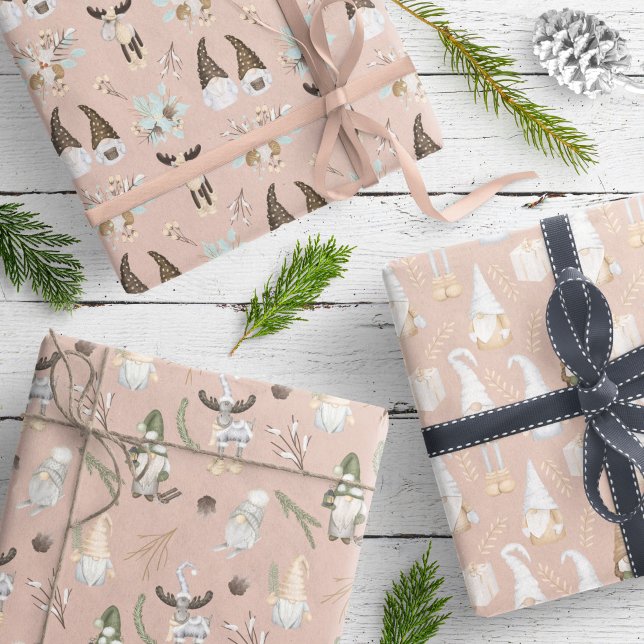 Modern Cute Gnome Beige Neutral Pattern Wrapping Paper Sheets (Creator Uploaded)
