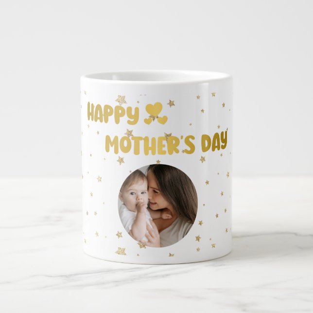 Modern Cute Golden Happy Mother's Day Photo Black Giant Coffee Mug (Front)