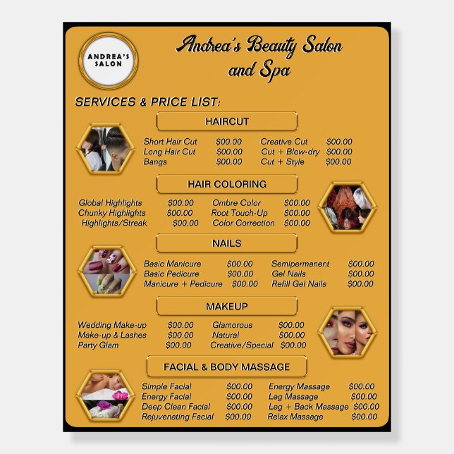 Modern Cute Golden Yellow Salon Spa Services Menu  Foam Board (Front)