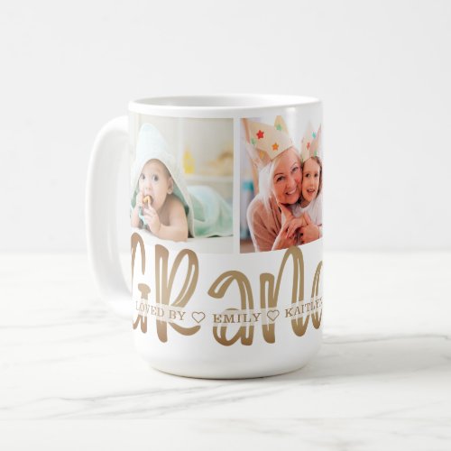 Modern Cute GRANDMA 3 Photo Personalized Gold Coffee Mug