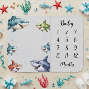 Modern Cute Gray Blue Shark Milestone Baby Blanket