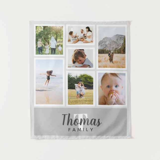 Modern Cute Gray Monochrome Family Photo Collage Tapestry (Front)