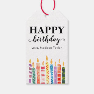 Modern Cute Happy Birthday Name Watercolor Candles Gift Tags
