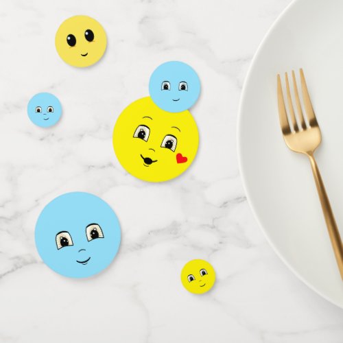 Modern Cute Happy Faces in Light Blue  Yellow Confetti