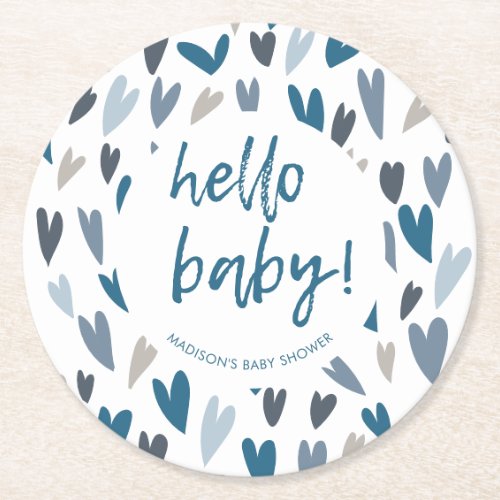 Modern Cute Hearts Blue Boy Baby Shower Party Round Paper Coaster