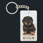 Modern Cute Hearts Personalized Two Photo | Black Keychain<br><div class="desc">This fun photo keychain has 2 photo templates (one on the front and one on the back), as well as two text templates for personalization! Use the same photo on the front and back or mix it up a bit with 2 different photos... or maybe you'd like to showcase 2...</div>