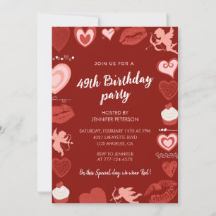 Modern Cute Hearts Red 49th birthday invitations