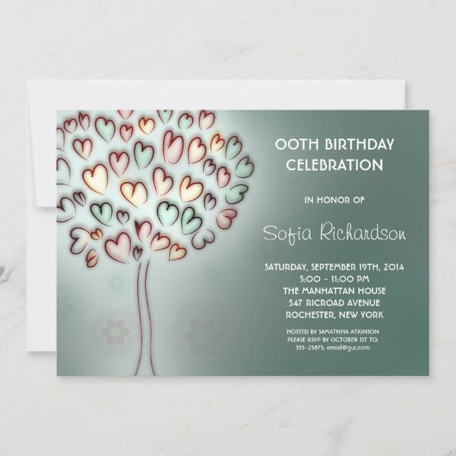 modern cute hearts tree birthday party invitation (Front)
