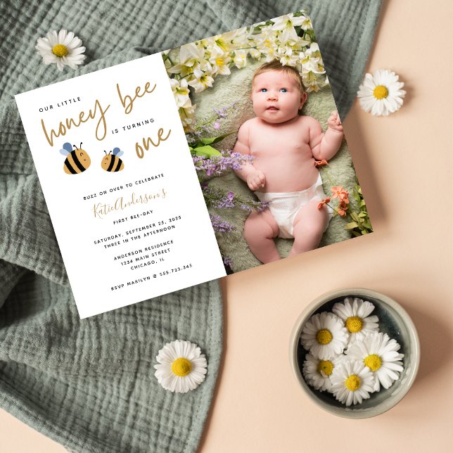 Modern Cute Honey Bee First Birthday Invitation Postcard (Creator Uploaded)