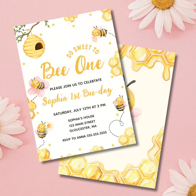 Modern Cute It’s so sweet to bee first birthday  Invitation (So Sweet to Bee One birthday invitation with cute bees and honeycomb accents)