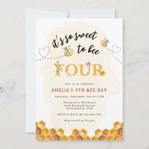 Modern Cute Its so sweet to bee four birthday Invitation