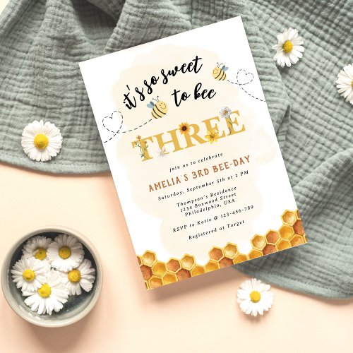 Modern Cute Itâs so sweet to bee three birthday Invitation