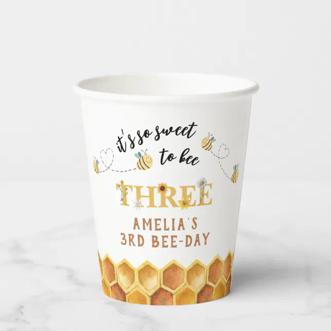 Modern Cute It’s so sweet to bee three birthday Paper Cups | Zazzle