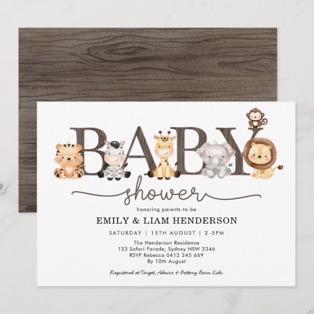 Modern Cute Jungle Safari Wild Animals Baby Shower Invitation (Front/Back)