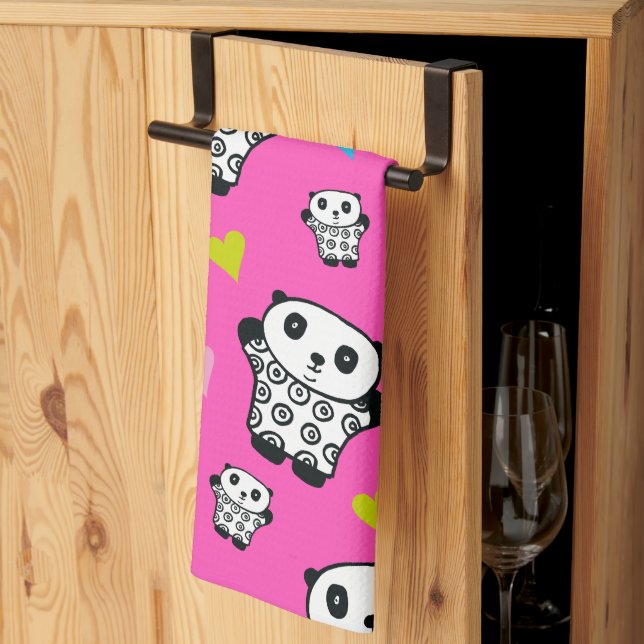 Modern Cute Kawaii Panda Pink Hearts Kitchen Towel (Thirds Fold)