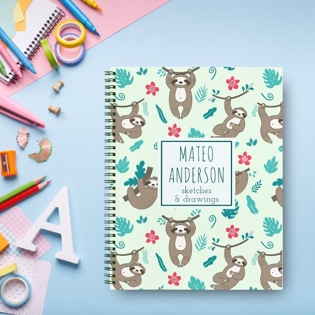 Modern Cute Kawaii Sloths Personalized Name  Notebook (Creator Uploaded)
