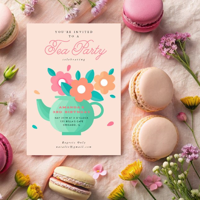 Modern Cute Kids Floral Tea Party Birthday Invitation (Creator Uploaded)
