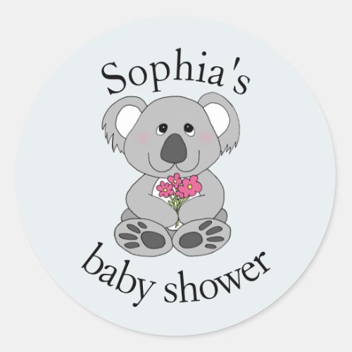 Modern Cute Koala Bear Cartoon Name Baby Shower Classic Round Sticker