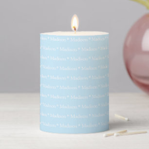 Modern cute light blue white custom name pattern pillar candle