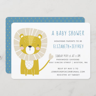 Modern Cute Lion Baby Boy Blue Yellow Invitation