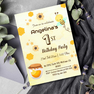 Modern cute little bee's 1st birthday yellow invitation