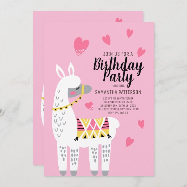 Modern Cute Llama Birthday Invitation (Front/Back)