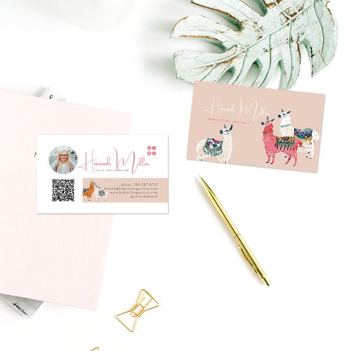 Modern Cute Llamas  Photo QR Code Business Card