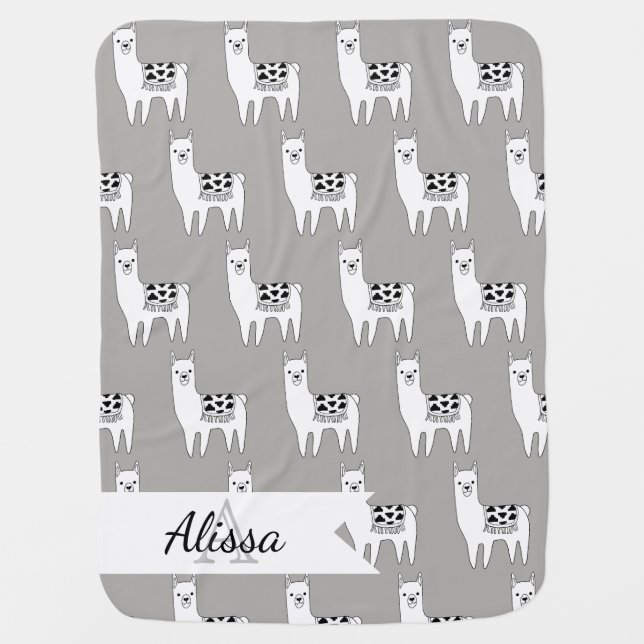 Modern Cute Llamas Sketch Pattern & Baby's Name Baby Blanket (Front)