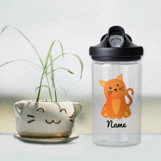 Modern Cute Lovely Orange Kitten Cat Cartoon Name  Water Bottle (Creator Uploaded)