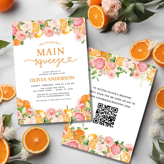 Modern Cute Main Squeeze QR Code Bridal Shower Invitation (Creator Uploaded)