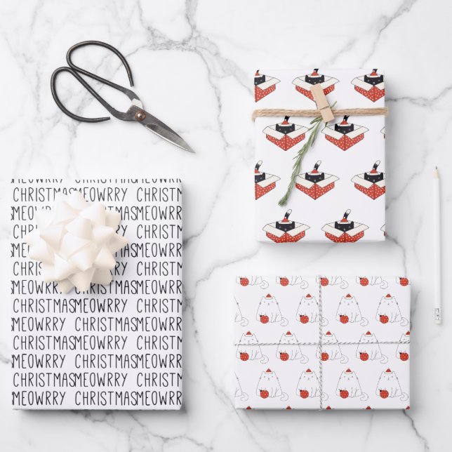 Modern Cute Meowy Christmas Cat Holiday Wrapping Paper Sheets (Front)