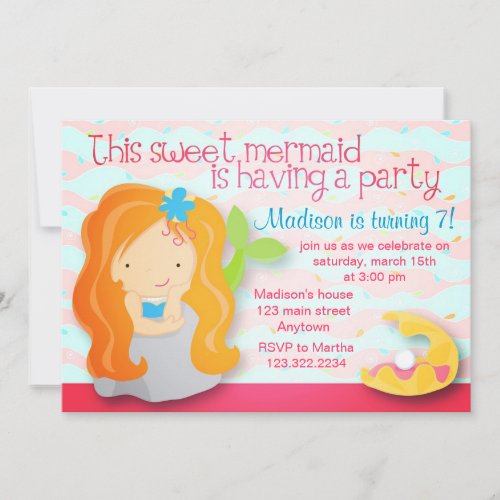 Modern Cute Mermaid Pink Birthday Party Invitation
