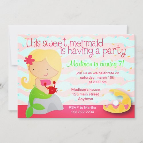 Modern Cute Mermaid Pink Birthday Party Invitation