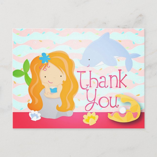 Modern Cute Mermaid Pink Birthday Party Thank You Postcard (Front)