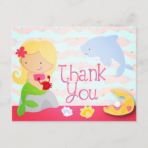 Modern Cute Mermaid Pink Birthday Party Thank You Postcard