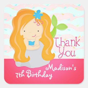 Modern Cute Mermaid Pink Birthday Party Thank You Square Sticker